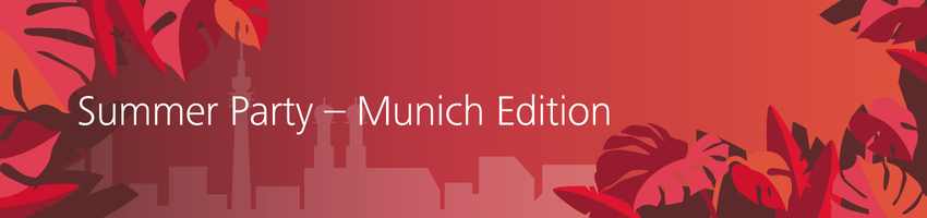 Graphic for Summer Party – Munich Edition with city skyline and leaves.