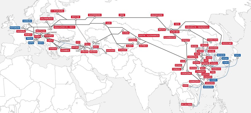 Map of Rail Cargo Group’s Eurasian TransNET connections from Europe to Asia.