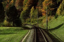 Single-track railway line surrounded by green nature and autumn trees