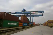 Rail Cargo Terminal BILK Budapest with containers and gantry crane