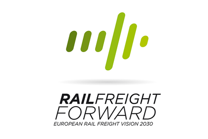 Logo Rail Freight Forward mit grünem Symbol und Schriftzug.