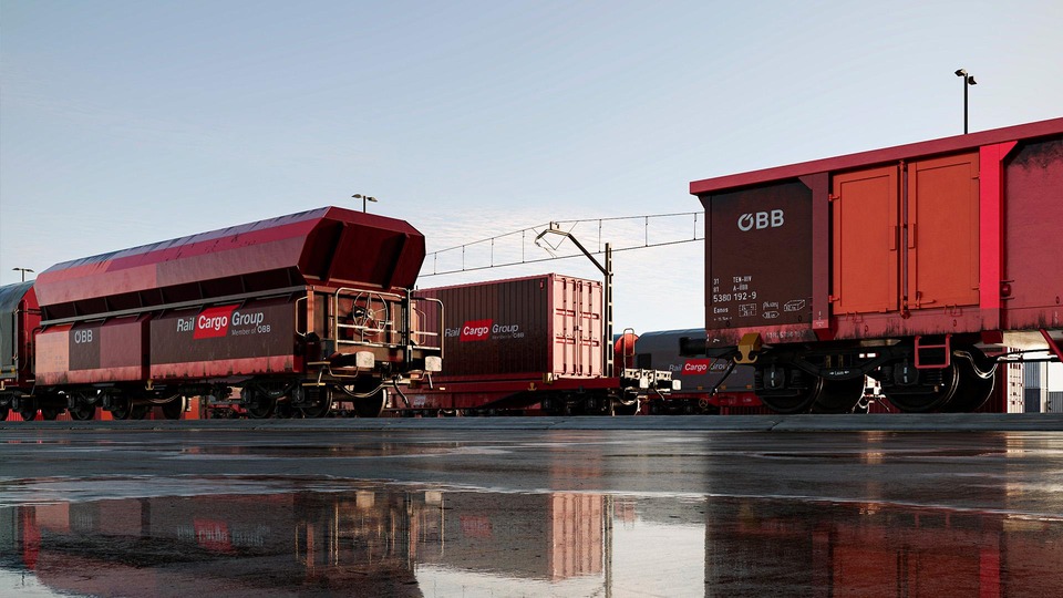 Rendering of Rail Cargo Group freight wagons and containers in a rail yard with reflections on wet ground