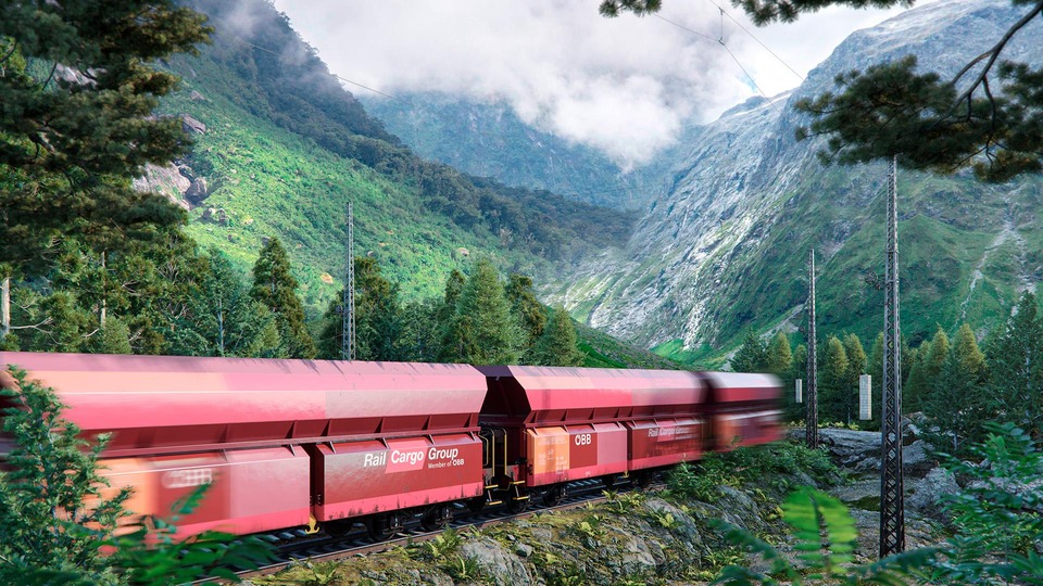 Rendering of a Rail Cargo Group freight train traveling through a green alpine mountain landscape
