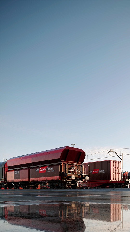 Rendering von Rail Cargo Group Güterwagen in einem Rangierbahnhof