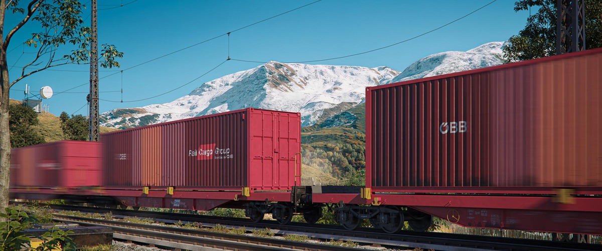 Rendering of an ÖBB Rail Cargo Group container train in an alpine mountain setting