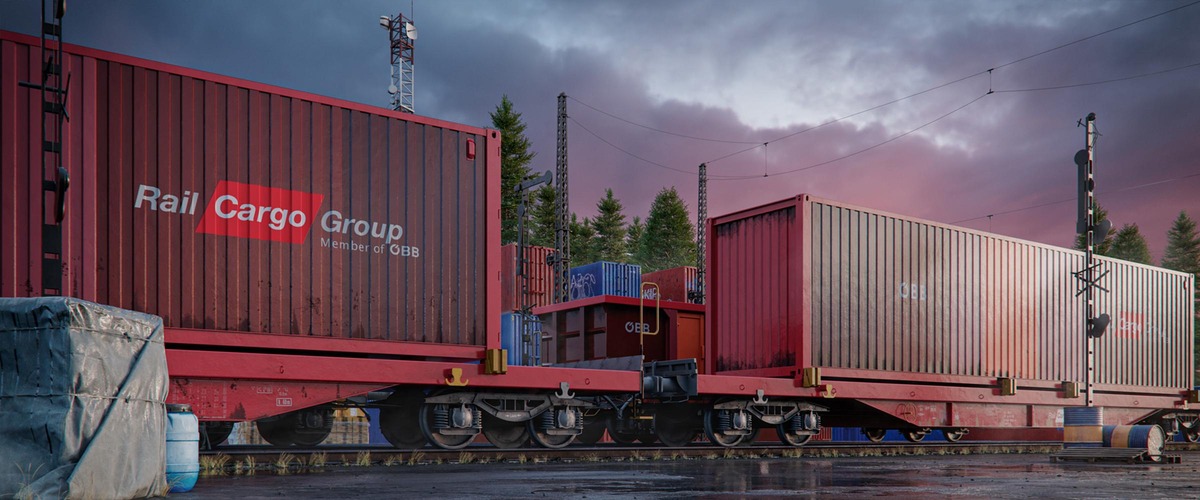 Rendering of Rail Cargo Group containers on freight wagons at a terminal