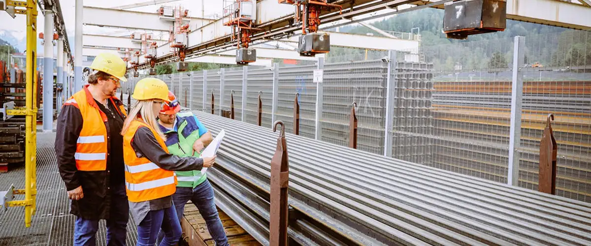 Drei Mitarbeitende mit Schutzhelmen prüfen Stahlprofile in einer Produktionshalle