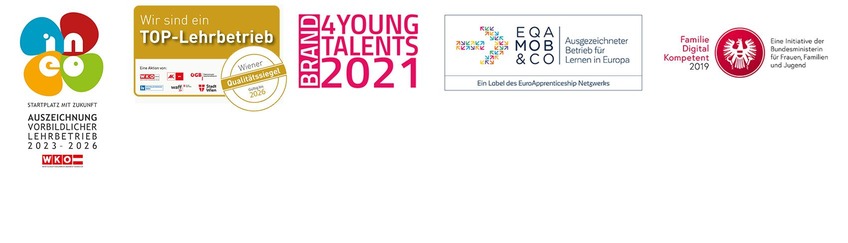 Logos verschiedener Auszeichnungen und Zertifizierungen des Unternehmens