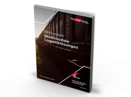 Titelbild eines Rail Cargo Group Whitepapers „Multimodale Logistiklösungen“ mit Güterwaggons