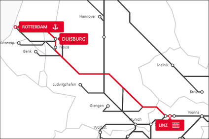 Netzwerkkarte mit markierter TransFER-Route Linz–Duisburg–Rotterdam