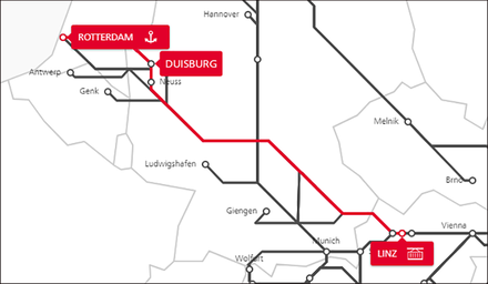 Karte der TransFER-Verbindung Linz–Duisburg–Rotterdam im Netzwerk der Rail Cargo Group