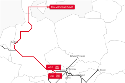 Karte der TransFER-Verbindung Linz–Sandinavia–Wels im Netzwerk der Rail Cargo Group