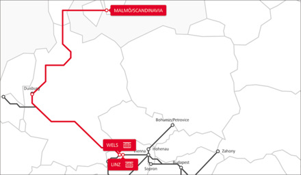 Netzwerkkarte mit markierter TransFER-Route Linz–Scandinavia–Wels