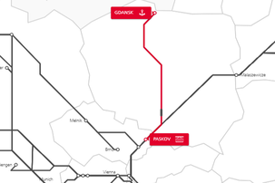 Netzwerkkarte mit markierter TransFER-Route Paskov–Gdańsk