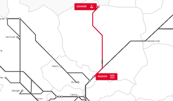 Karte der TransFER-Verbindung Paskov–Gdańsk im Netzwerk der Rail Cargo Group