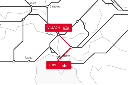 Netzwerkkarte mit markierter TransFER-Route zwischen Villach und dem Hafen Koper