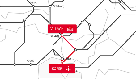 Karte der TransFER-Verbindung Villach–Koper im Netzwerk der Rail Cargo Group