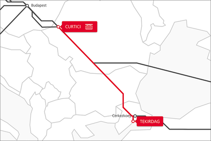 Netzwerkkarte mit markierter TransFER-Route zwischen Curtici und Tekirdağ