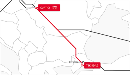 Karte der TransFER-Verbindung Curtici–Tekirdağ im Netzwerk der Rail Cargo Group
