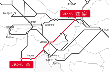 Karte der TransFER-Verbindung zwischen Wien und Verona im Rail Cargo Group Netzwerk
