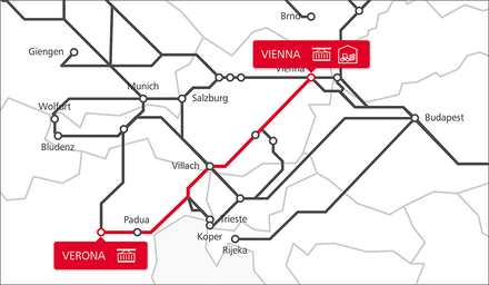 Netzwerkkarte der Rail Cargo Group mit hervorgehobener TransFER-Route Vienna–Verona