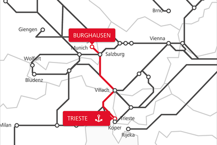 Netzwerkkarte der Rail Cargo Group mit markierter TransFER-Route Burghausen–Triest
