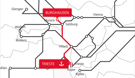 Karte der TransFER-Verbindung Burghausen–Trieste im Netzwerk der Rail Cargo Group