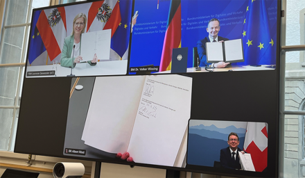 Leonore Gewessler, Volker Wissing und Albert Rösti präsentieren per Videokonferenz das Positionspapier zur DAK