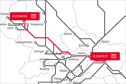 Karte der TransFER-Route Budapest–Duisburg im Netzwerk der Rail Cargo Group