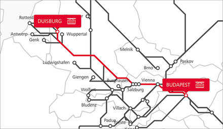 Karte der Rail Cargo Group TransFER-Verbindung zwischen Budapest und Duisburg
