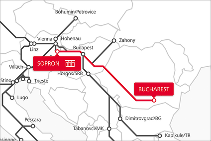 Karte der Rail Cargo Group TransFER-Verbindung zwischen Sopron und Bukarest