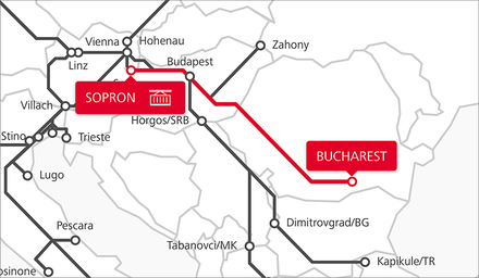 Karte der TransFER-Route Sopron–Bukarest im Netzwerk der Rail Cargo Group