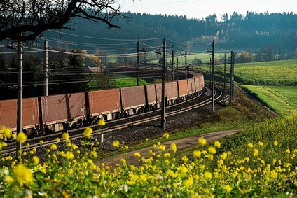 Langer Güterzug fährt durch ländliche Landschaft mit Wiesen und Feldern