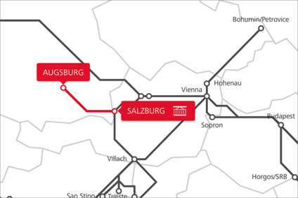 Streckenkarte des Rail Cargo Group TransFER zwischen Salzburg und Augsburg