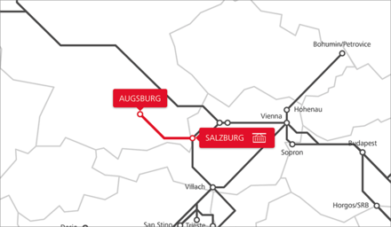 Karte des Rail Cargo Group TransFER Salzburg–Augsburg
