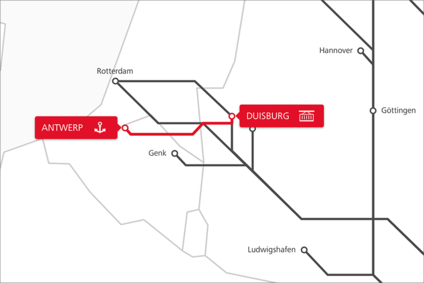 Karte der TransFER-Route Duisburg–Antwerpen im Netzwerk der Rail Cargo Group