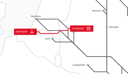 Karte der Rail Cargo Group TransFER-Verbindung zwischen Duisburg und Antwerpen