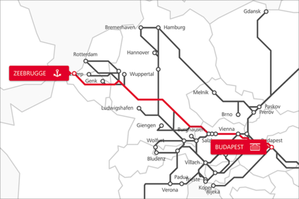 Karte der TransFER-Route Budapest–Zeebrugge im Netzwerk der Rail Cargo Group