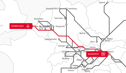 Karte der Rail Cargo Group TransFER-Verbindung zwischen Budapest und Zeebrugge
