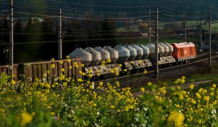Güterzug mit ÖBB Lok und Silowagen fährt durch blühende Landschaft