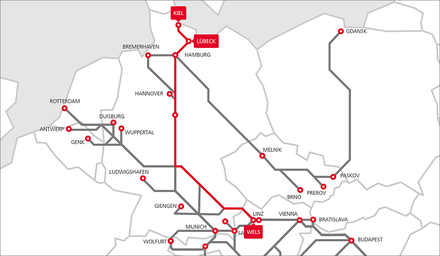 Netzkarte des TransFER-Services zwischen Wels, Lübeck und Kiel im europäischen Schienengüterverkehrskorridor