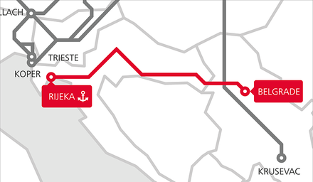 Karte der TransFER-Verbindung Belgrad–Rijeka im Netzwerk der Rail Cargo Group
