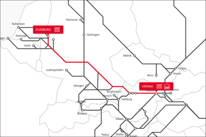 TransFER-Streckenkarte von Wien nach Duisburg im europäischen Bahnnetz