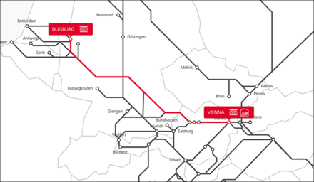 Karte der Rail Cargo Group TransFER-Verbindung zwischen Wien und Duisburg