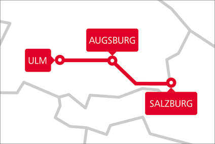 TransFER-Verbindungskarte zwischen Salzburg, Augsburg und Ulm