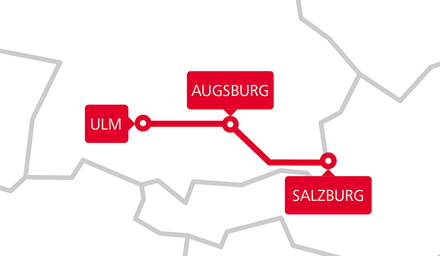 Karte der Rail Cargo Group TransFER-Verbindung Salzburg–Augsburg–Ulm