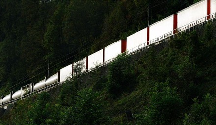 Intermodaler Güterzug mit Containern fährt durch eine grüne Waldlandschaft
