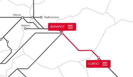 Karte der Rail Cargo Group TransFER-Verbindung zwischen Budapest und Curtici