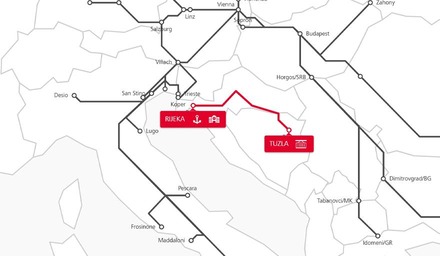 Karte mit markierter Rail Cargo Group TransFER-Verbindung zwischen Tuzla und Rijeka