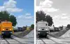 Derailment test setup with pushing locomotive, coupling point and loaded freight wagon.